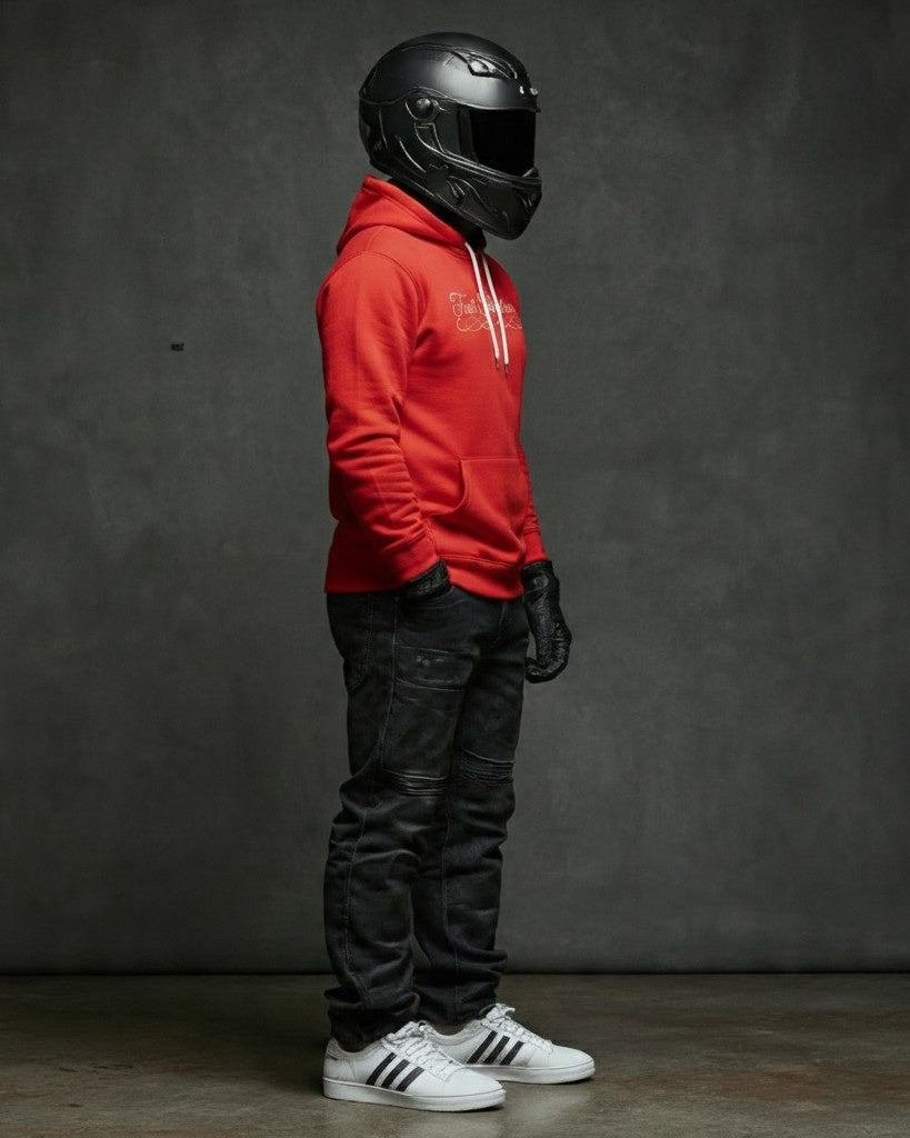 Scarlett Caligraphy Red Hoodie with ast Streetwear Cursive logo on the chest. Black jeans, Dark helmet, white shoes