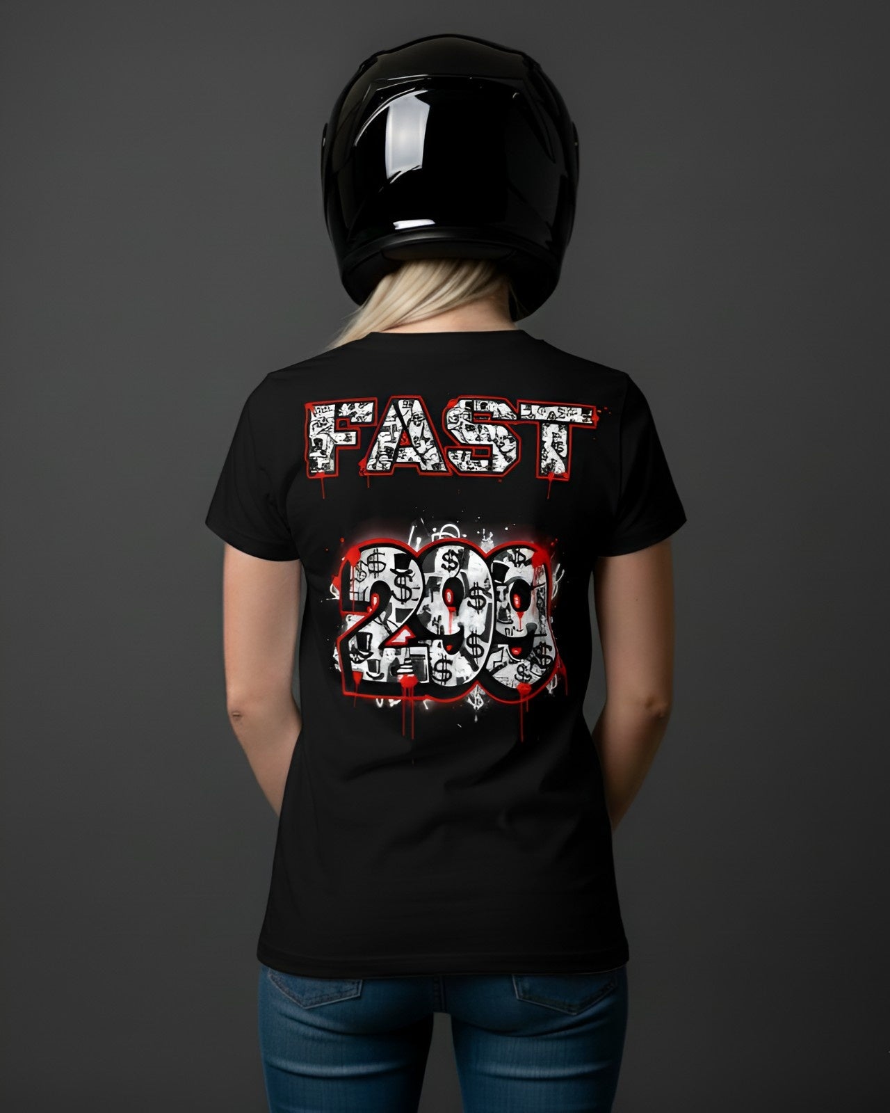 Back of a blonde woman wearing a black "FAST 299" superbike t-shirt with dollar signs and red accents, ideal for motorcycle enthusiast apparel.