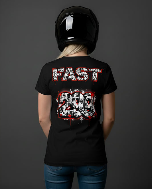 Back of a blonde woman wearing a black "FAST 299" superbike t-shirt with dollar signs and red accents, ideal for motorcycle enthusiast apparel.