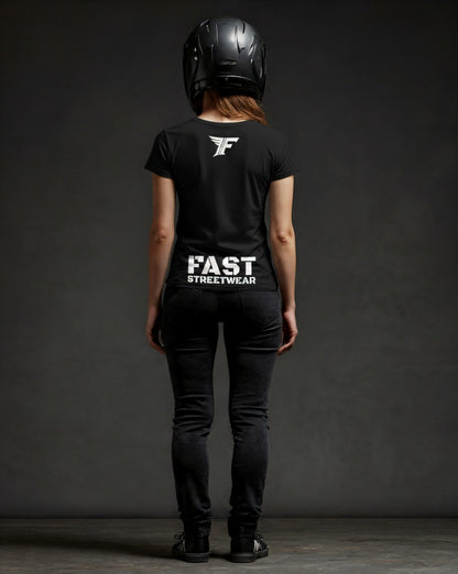 Person wearing a black t-shirt with 'FAST STREETWEAR' text and logo, black helmet, and black pants on a dark background.