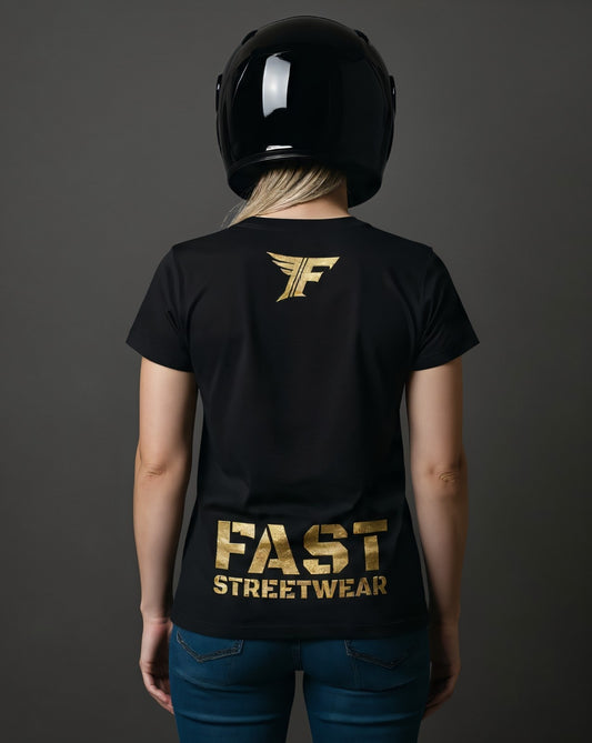Black t-shirt with gold graphic design on the back. A winged "F" logo is near the neck, and "FAST STREETWEAR" is near the bottom.