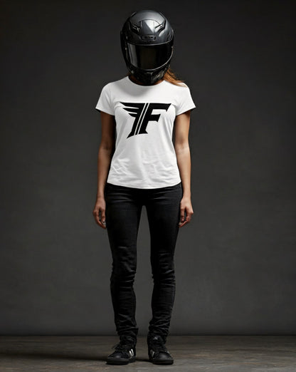 Person wearing a white t-shirt with a logo and a helmet on a dark background