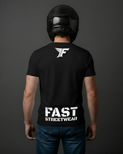 Person wearing a black t-shirt with 'FAST STREETWEAR' text and logo on the back, against a dark background.