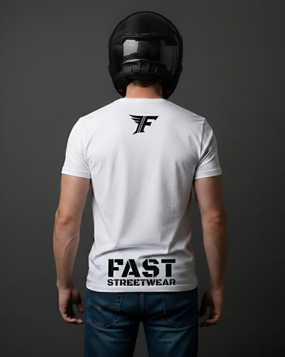 Person wearing a white t-shirt with 'FAST STREETWEAR' text and logo on the back, standing against a dark background.