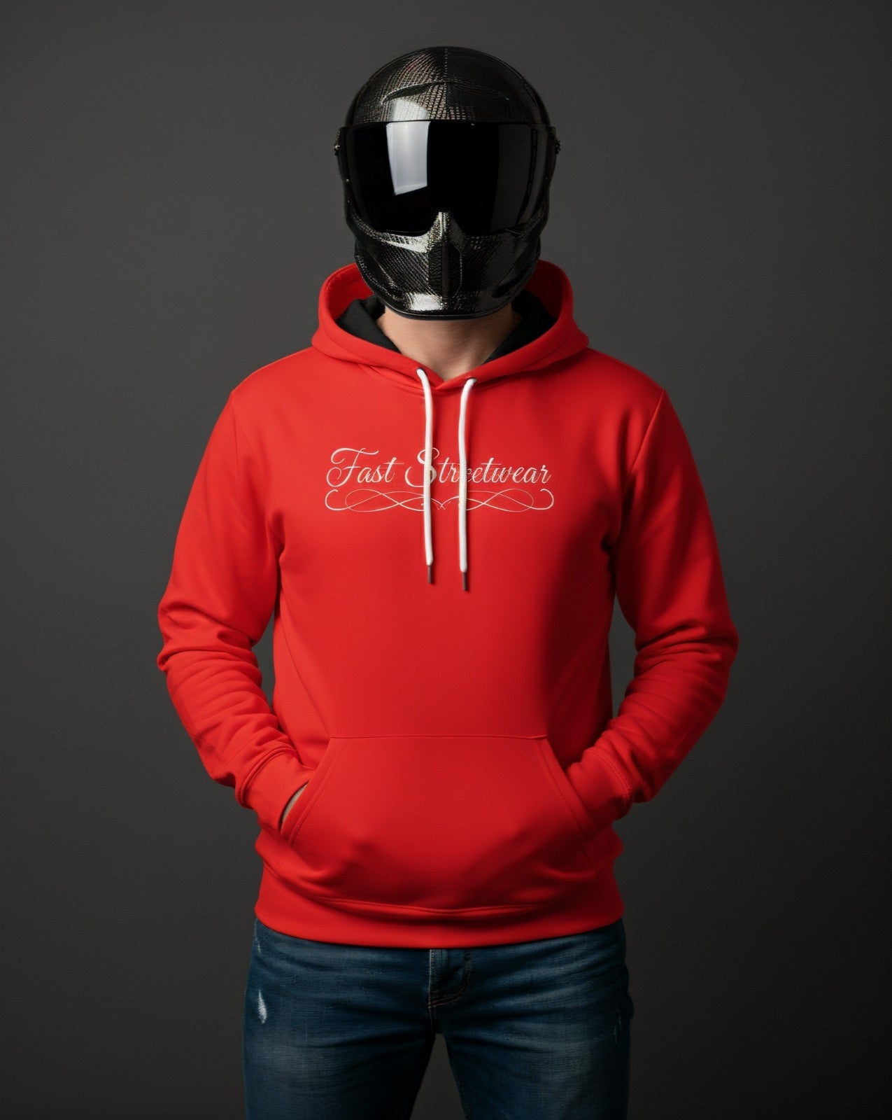 Red hoodie featuring a white "Fast Streetwear" script logo, worn by a person wearing a carbon fiber superbike helmet and jeans.