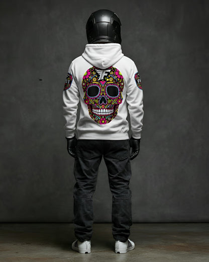 Back view of a white pullover hoodie with a large, colorful sugar skull graphic. Modeled with a black motorcycle helmet.