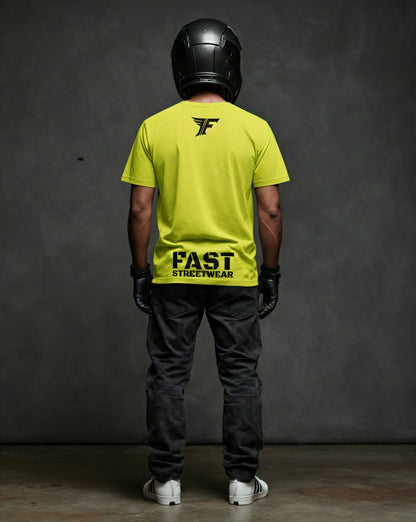 Neon Yellow FAST STREETWEAR T-shirt for men or women. Black logo and winged F graphic on the back. Shown on a model wearing a helmet & gloves.
