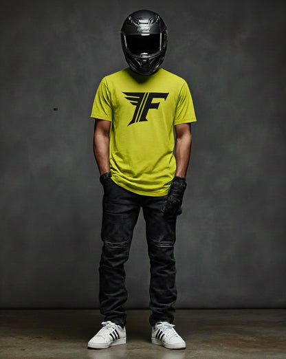 Men's bright yellow crewneck tee featuring a black winged graphic logo. Model wears black jeans and a helmet.